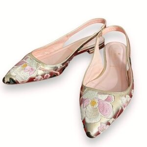KATE SPADE Barnie Gold Leather Floral Embroidered Slingback Flats